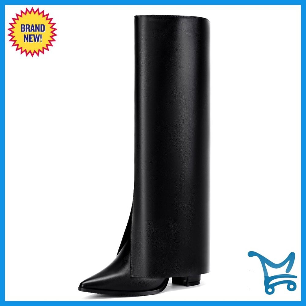 Knee High Shark Boots Fold Over Chunky Heel Pointed Toe Zip Up Booties